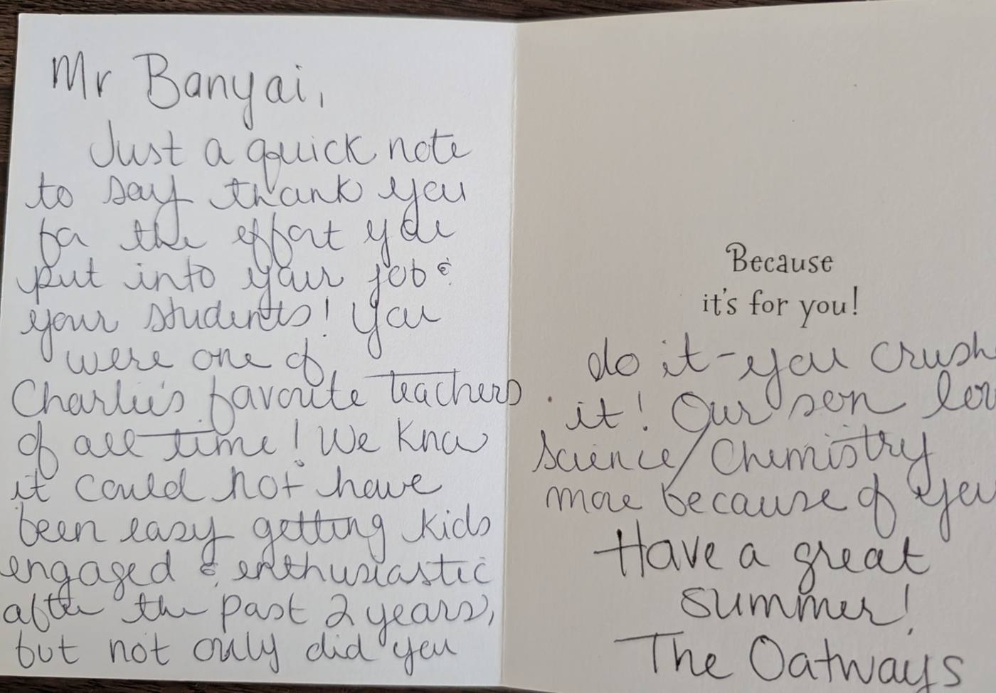Handwritten thank-you note from a parent praising Mr. Banyai's teaching and their son's growing interest in chemistry