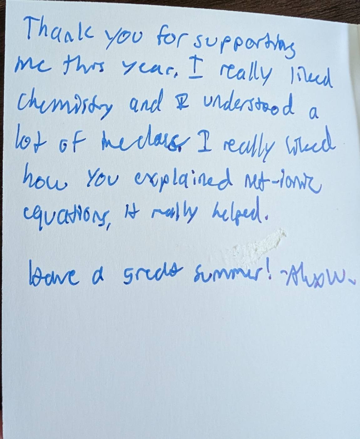 Handwritten thank-you note in blue ink from student Alex about understanding chemistry class