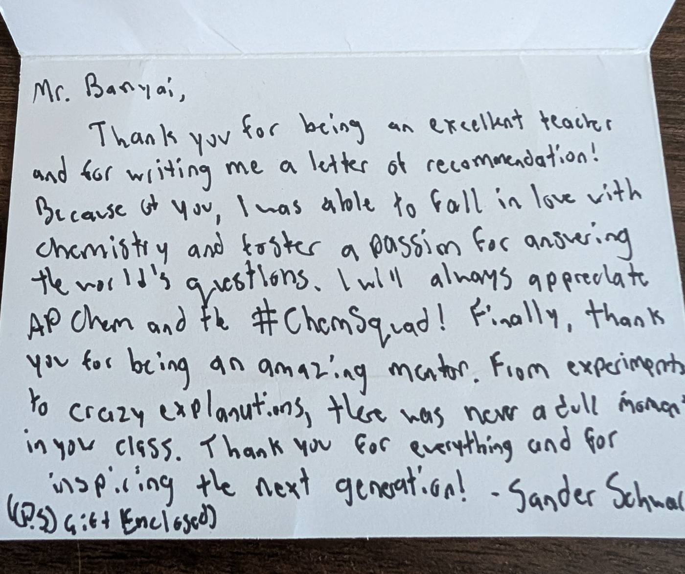 Handwritten thank-you note from student Sander about developing a passion for chemistry