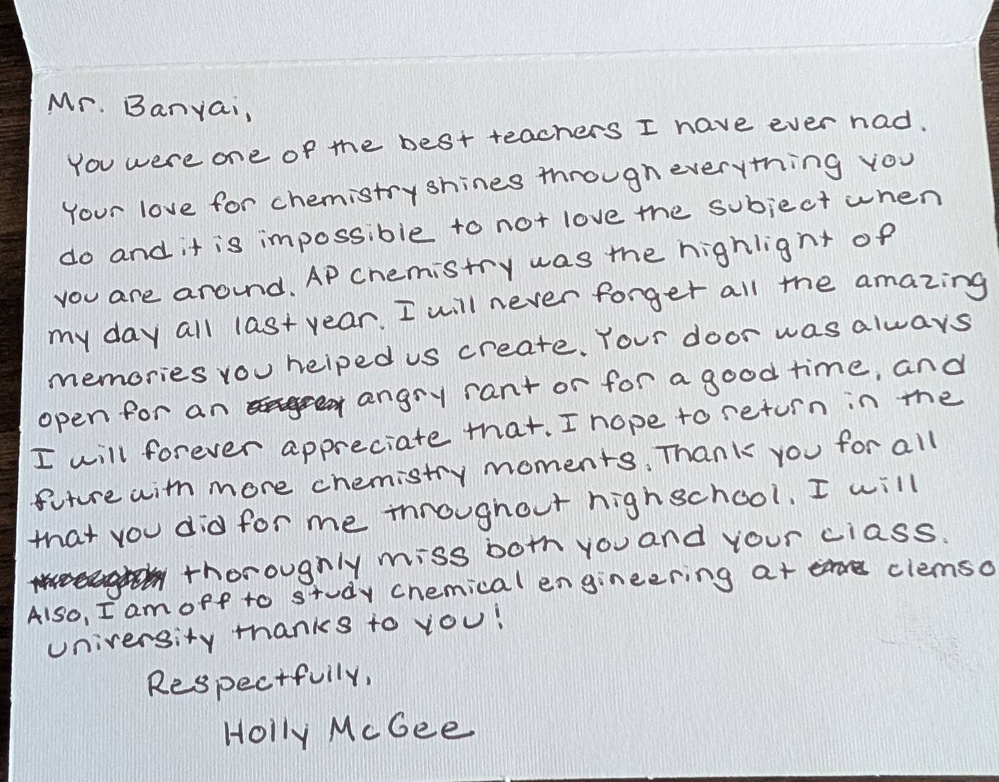 Handwritten thank-you card from student Holly about AP Chemistry and studying chemical engineering