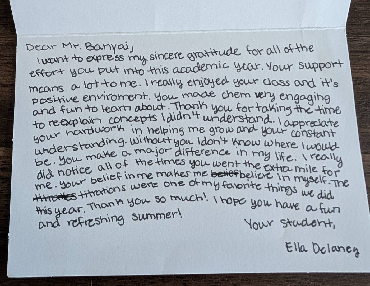 Handwritten thank-you letter from student Ella thanking Mr. Banyai for re-explaining chemistry concepts
